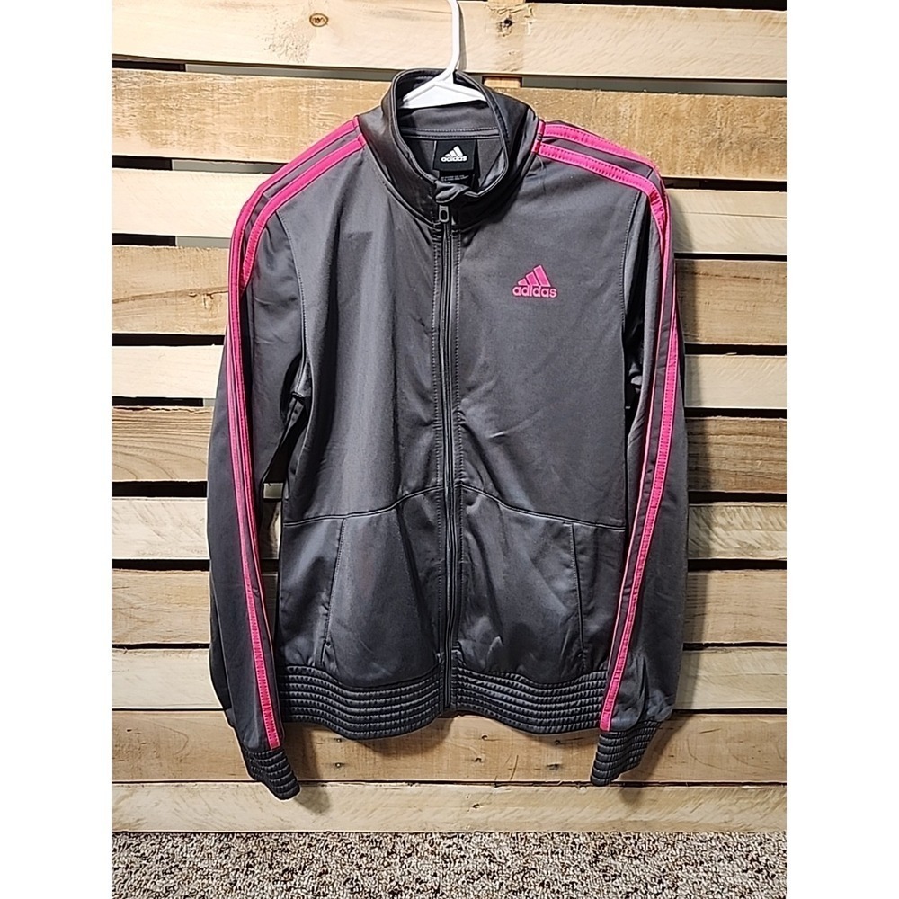 Adidas zip up track Jacket girls size X-L (16) Grey/pink